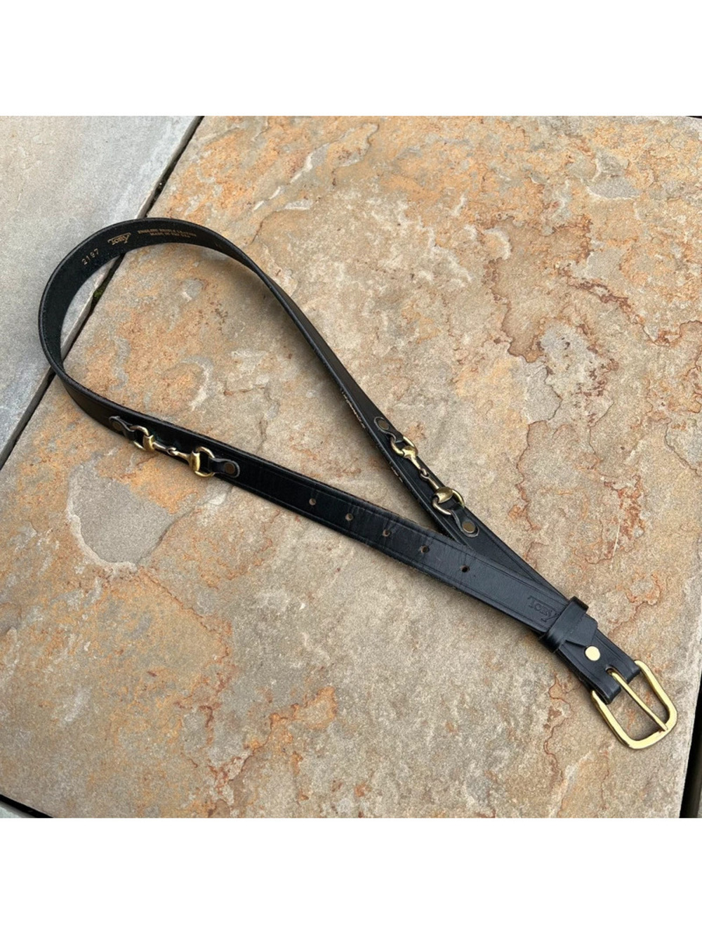 Vintage 90s Black Leather Unique Gold Chain Belt Made in USA